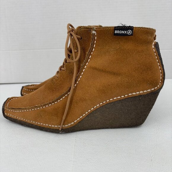 Bronx Ankle Boots Wedge Heel Size EU 38 Brown Suede Leather Lace Up Bootie - Picture 6 of 12